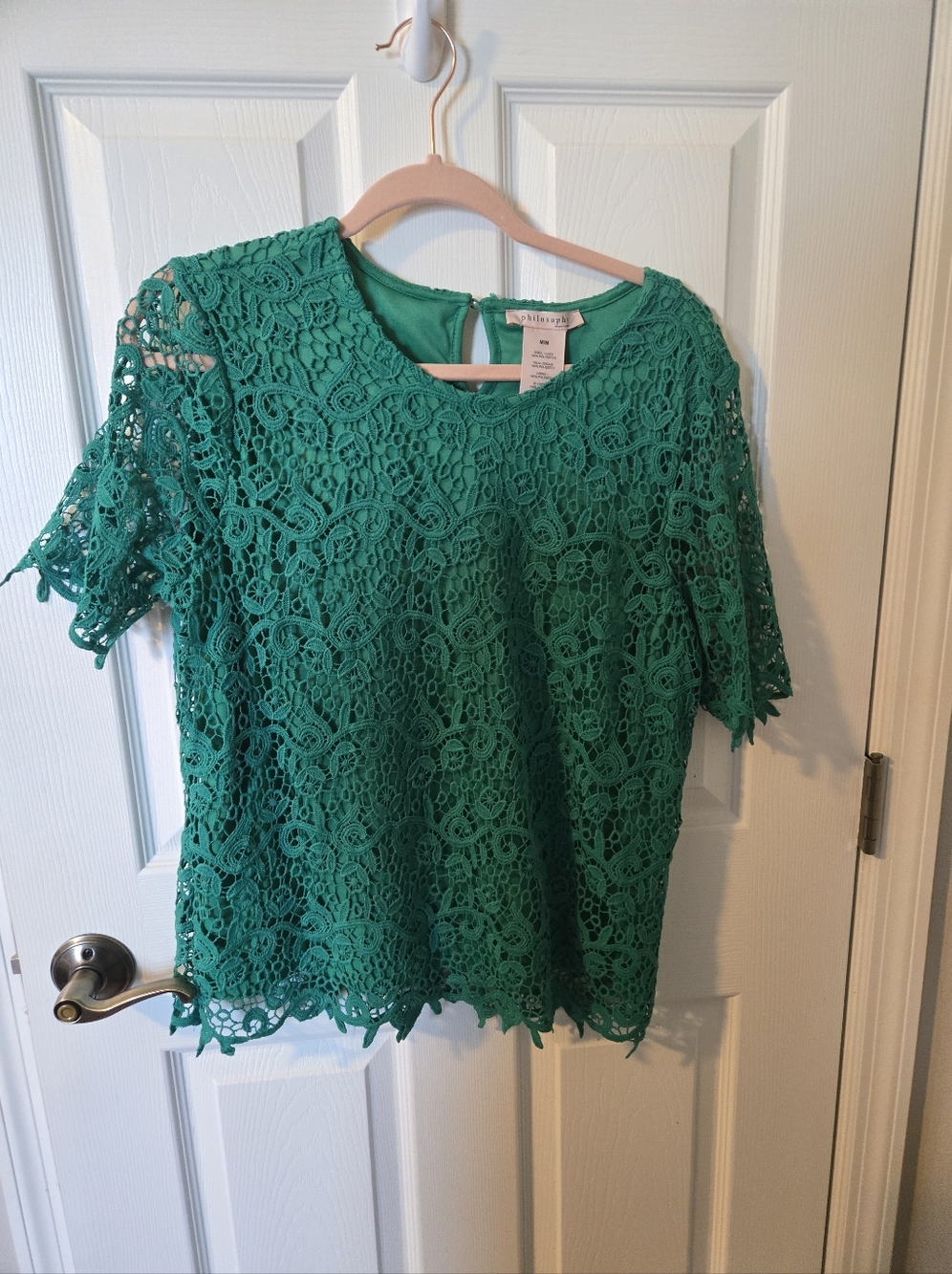 Philosophy Medium Green Lace Short Sleeve Blouse